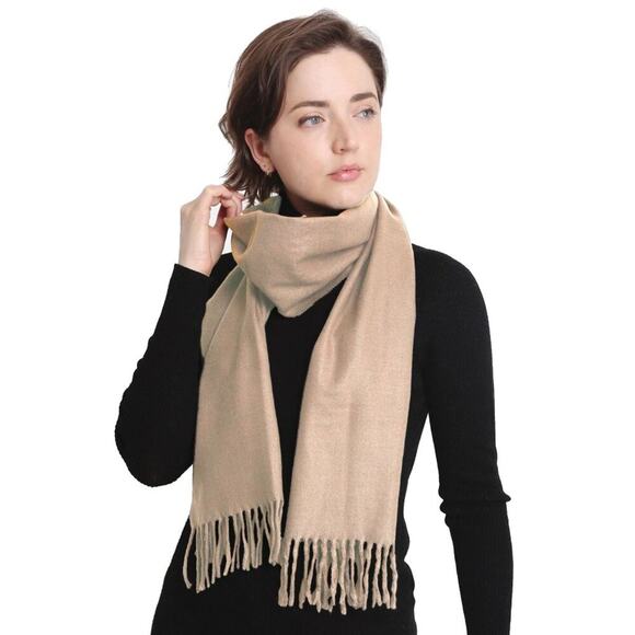 Women's Faux Cashmere Scarf Solid Color Camel Fringe Italian Design - Picture 1 of 3
